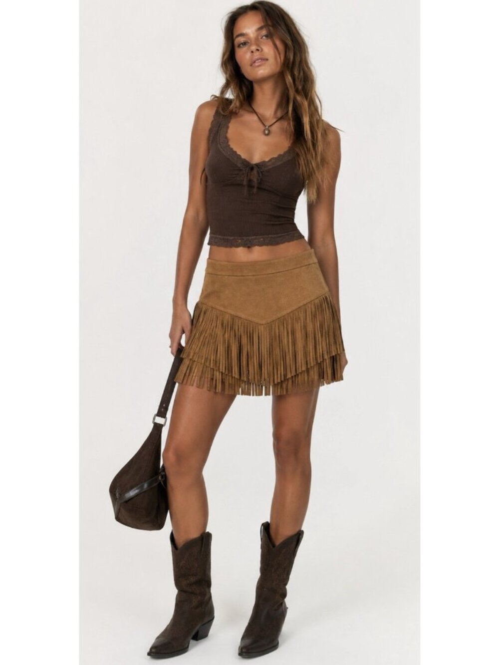 Altered State Fringe Vegan Suede Mini Skirt Brown Size Small Western Tassel Boho - Picture 3 of 9